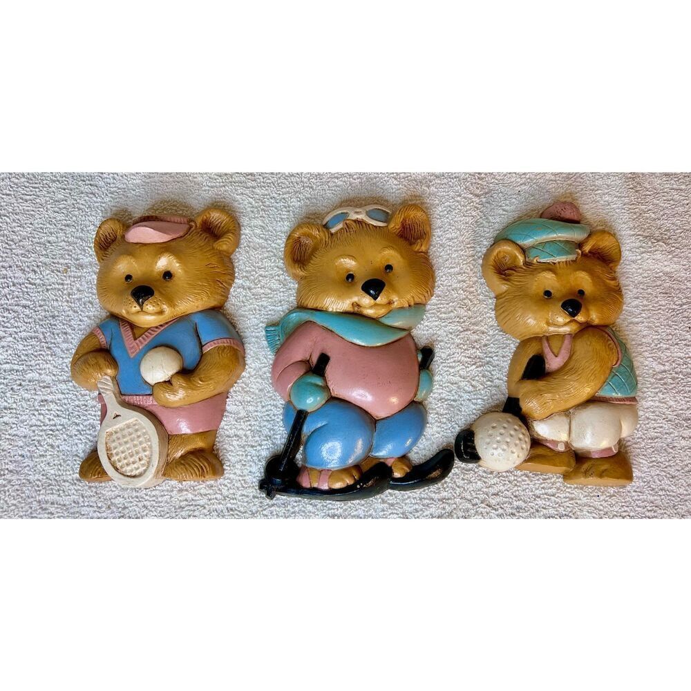 Vintage Burwood 3 pc Bear Sports Wall Plaque Decor Pink Blue Nursery Child